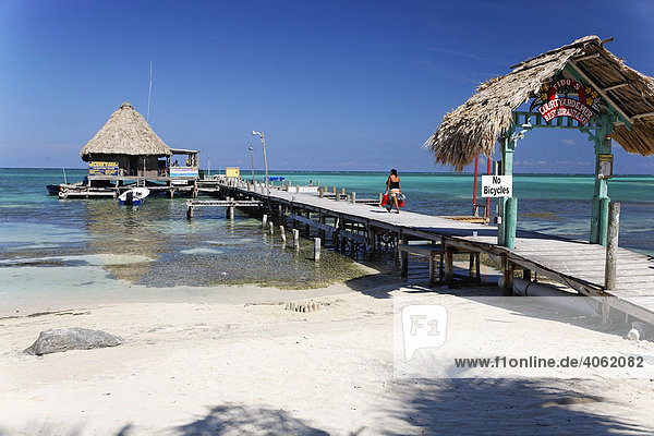 Restaurant at the end of a pier in the ocean of San Pedro  Ambergris Cay Island  Belize  Central America  Caribbean