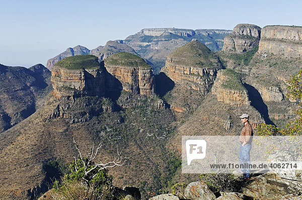 Man in front of rock formation Three Rondavels  Blyde River Canyon  Mpumalanga  South Africa  Africa
