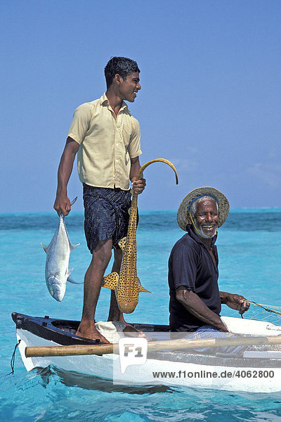 Fischer mit Tigerhai  nahe der Insel Bangaram  Lakkadiven  Arabisches Meer  Indien  Asien