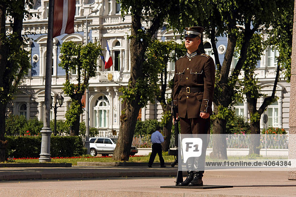 During the day the Freedom Memorial is watched over by a guard of honor Riga Latvia Baltic states
