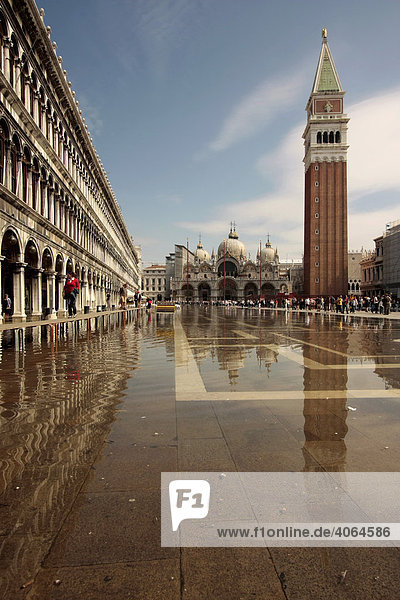 Floods  Aqua Alta  at St Mark's Square in Venice  Italy  Europe
