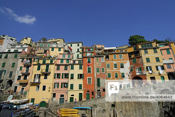 Bunte Häuser in Riomaggiore  Cinque Terre  Ligurien  Italien  Europa