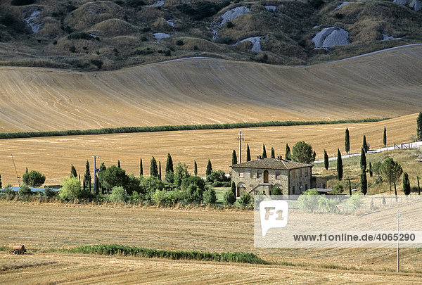 Gehöft in abgernteten Weizenfeldern  Le Crete bei Leonina  Provinz Siena  Toskana  Italien  Europa