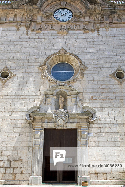 Entrance to the church of the Santuario de lluc Monastery  county of Escorca in the basin of the Serra Tramuntana Mountains on Mallorca  Balearic Islands  Spain  Europe