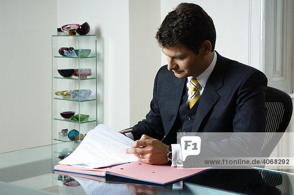 Rechtsanwalt  Steuerberater  Unternehmensberater  liest bzw. unterschreibt eine Akte am Schreibtisch