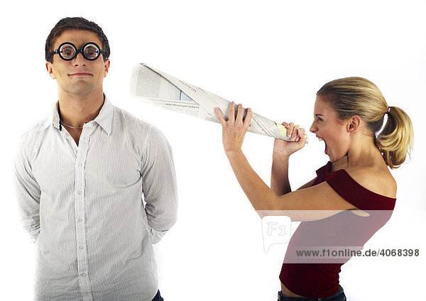 Woman shouting at a man who doesn't understand anything