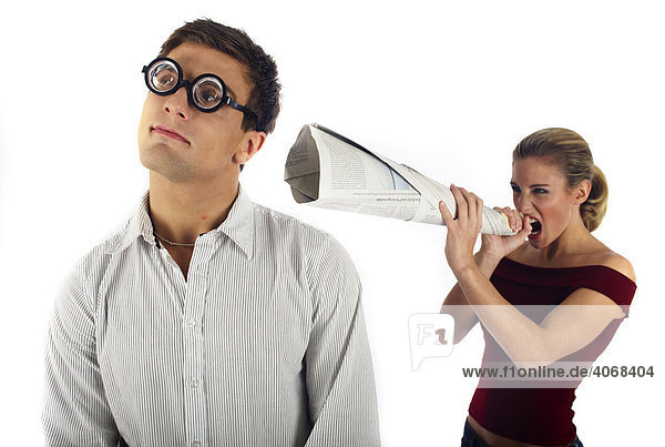 Woman shouting at a man who doesn't understand anything