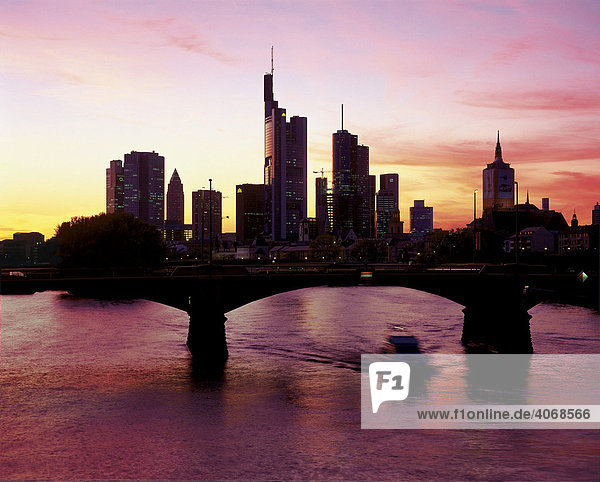 Skyline of Frankfurt after sunset  Hesse  Germany  Europe