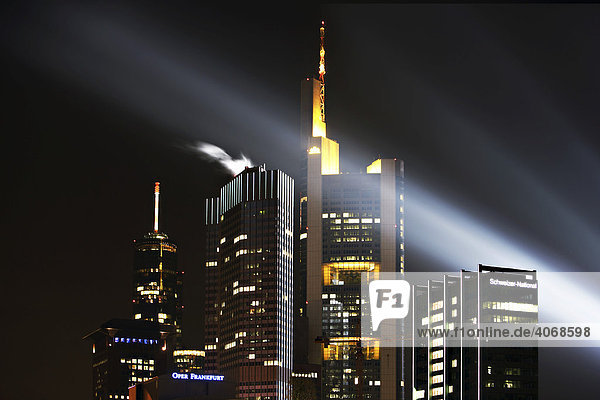 Skyline of Frankfurt at night during the Luminale in Frankfurt  Hesse  Germany  Europe