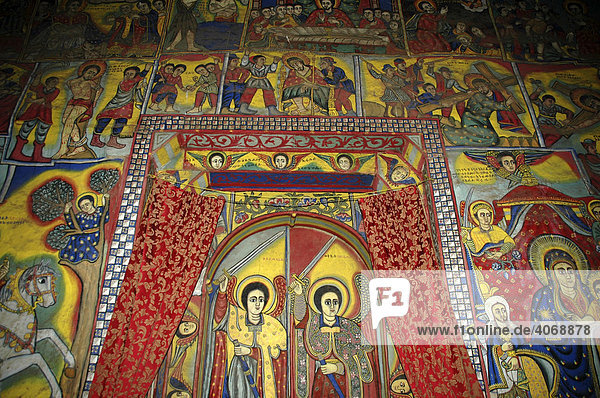 Colourful wall painting with Arch Angel  Ukra Kidane Mekret Abbey  Tana Lake  near Bahir Dar  Ethiopia  Africa