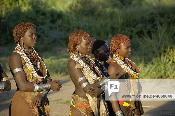 Young Hamar women wearing lots of armbands and necklaces standing in the dance area  near Turmi  Ethiopia  Africa