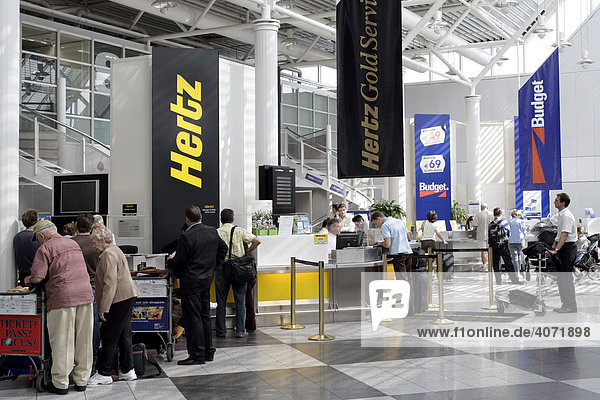 Car Rental Desks of the Hertz and Budget car rental companies in the Munich Airport  Bavaria  Germany  Europe
