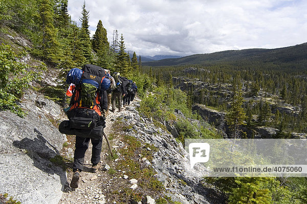 Group of alpinists descending to Lake Lindeman  Chilkoot Pass/Trail  Klondike Gold Rush  British Columbia  B.C.  Canada  North America