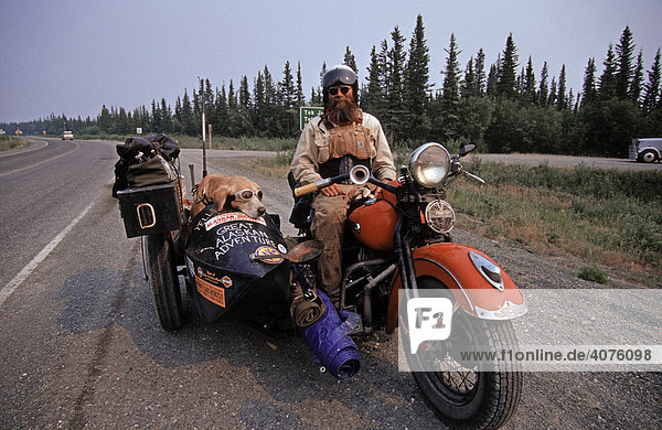 Man and dog on a motorcycle  travellers on the Alaska Highway  North America