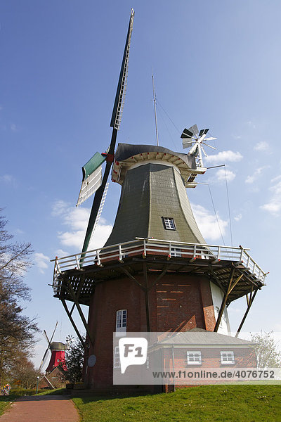 Twin mill in Greetsiel  windmill  built in the style of a two-storey Dutch gallery windmill with a wind rose  Krummhoern Greetsiel  Eastern Frisia  Lower Saxony  Germany  Europe