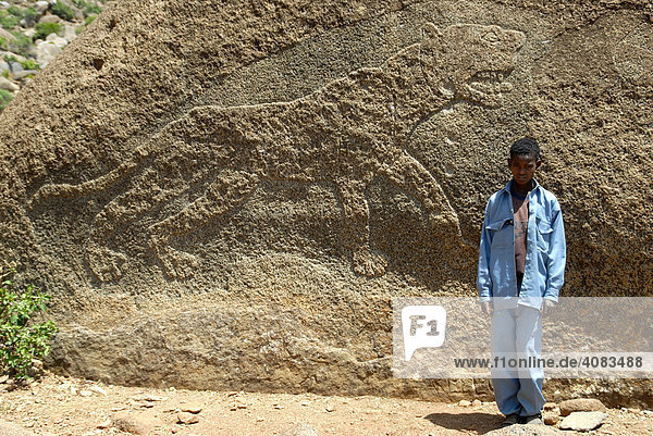 Boy stands in front of ancient stone relief Lion of Gobedra in a quarry ...