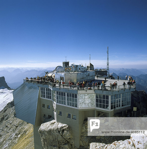 Zugspitze Wetterstein mountains Upper Bavaria Germany houses on the summit