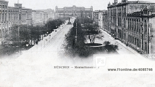 Historic postcard about 1900 Munich Bavaria Germany Maximilian street with Maximilianeum in the background