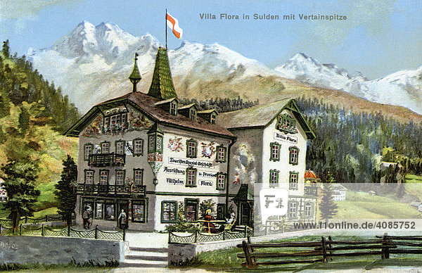 Historic postcard about 1900 Sulden South Tyrol Italy Villa Flora under the Vertainspitze Vertain mountain
