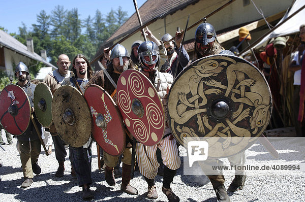 Knights with shields  knight festival Kaltenberger Ritterspiele  Kaltenberg  Upper Bavaria  Germany