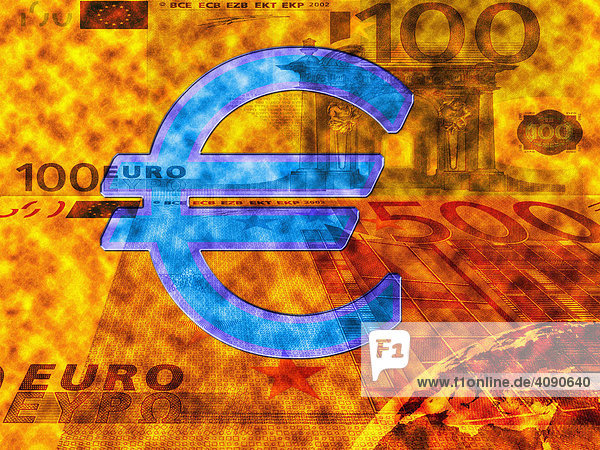 Eurosymbol vor abstrakten 100-Euroscheinen