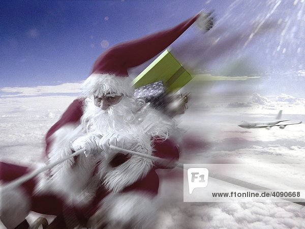 Schneller Weihnachtsmann überholt ein Flugzeug