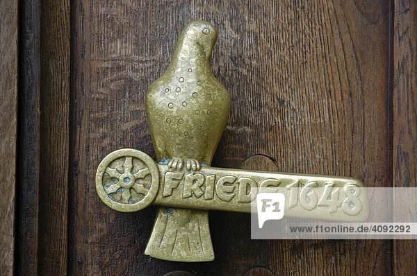 Door handle with the writing westphalian peace 1648  town hall  Osnabrueck  Lower Saxony  Germany