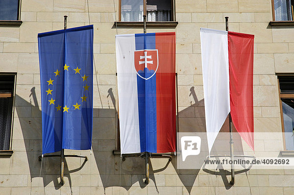 Flags at the magistrate building  Bratislava  Slovakia