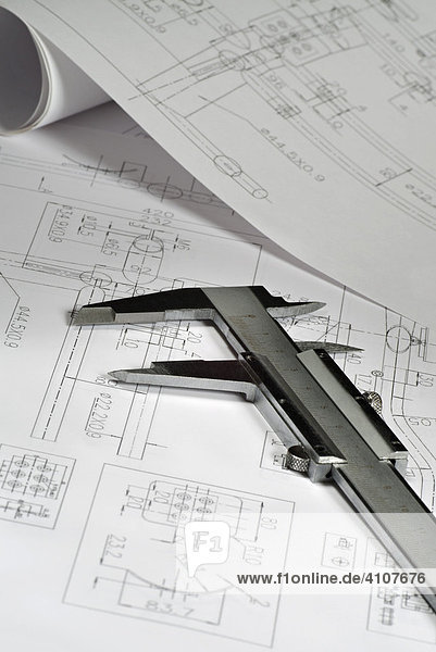 Vernier calliper and design blueprints
