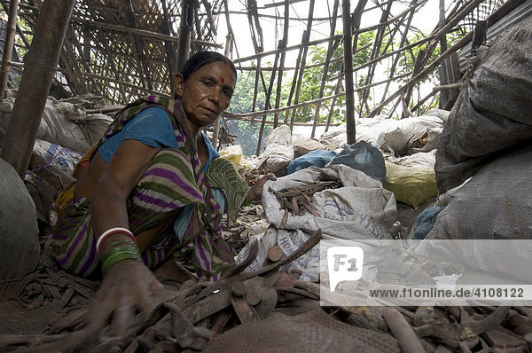 Almost the entire Slum of Topsia live from the sorting and recycling of garbage  women in this dilapidated hut are sorting the plastic parts of flip-flops into sacks ready for resale  Kolkata  formerly Calcutta  West Bengal  India