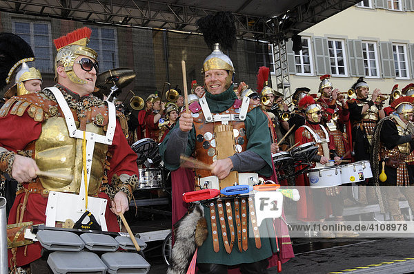 Bloos-Arsch Band  procession of Gugge musicians  25th annual international meeting for Gugge music in Schwaebisch Gmuend  Baden-Wuerttemberg  Germany  Europe