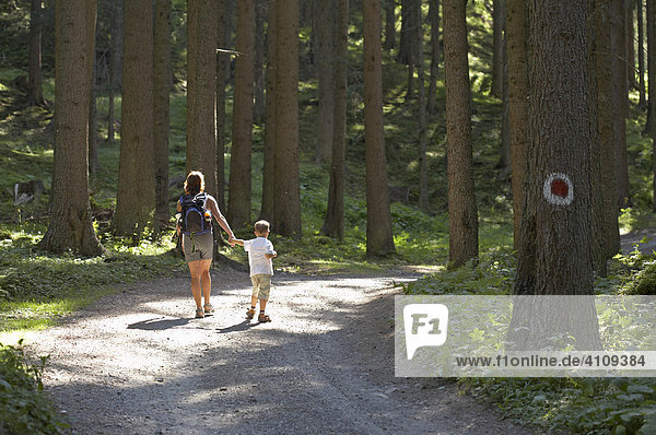 Woman and child hiking through the forest  Poellatal  Upper Carinthia  Austria