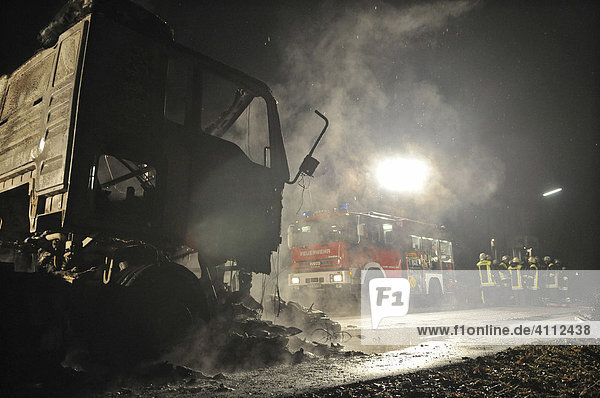 Motorcycle rider crashed against a parked truck on the night of New Year's Eve 07/08 both vehicles and the body of the motorcycle rider were burnt Boeblingen District Renningen Baden-Wuerttemberg Germany Europe