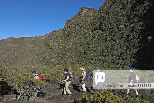 Hiker in the caldera of Piton de la Fournaise volcano  La Reunion Island  France  Africa