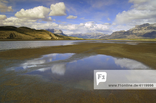 Low water level in the Spring at Jasper Lake  Jasper National Park  Alberta  Canada