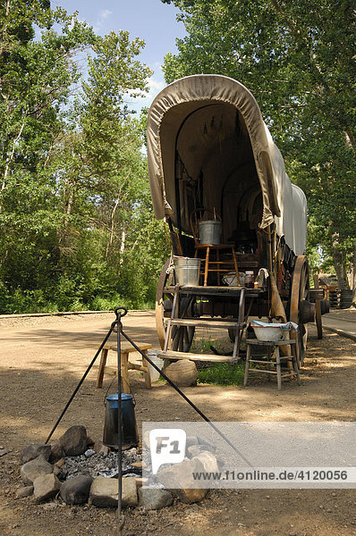 Recreation of a covered wagon and life in the wild West - Fort Edmonton Park  Edmonton  Alberta  Canada