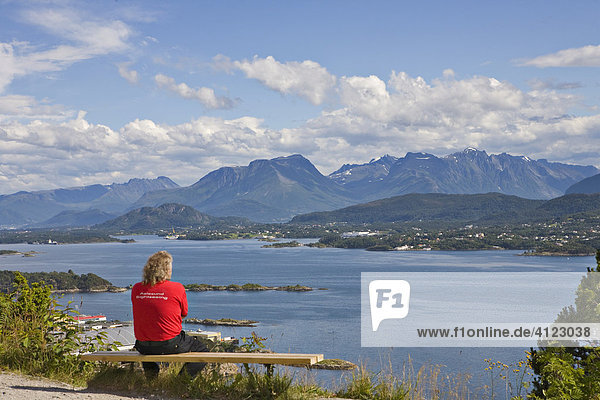 View over the sound toward the Sunnmøre Mountains from Aksla Hill  Ålesund  Norway  Scandinavia  Europe