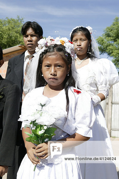 Bridal couple and flower girl  Indian wedding  Lomo Plata  Chaco  Paraguay  South America