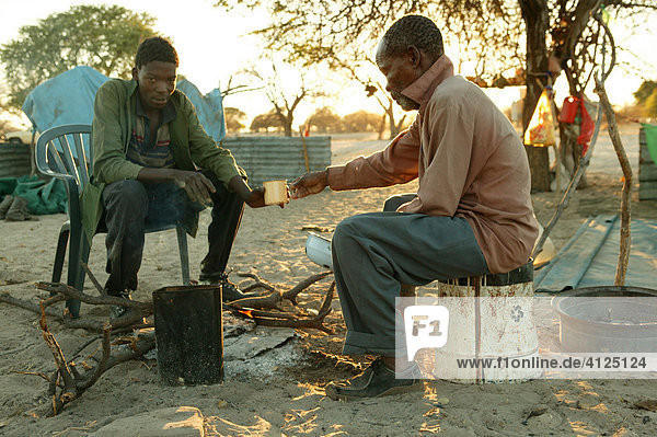 Two men sharing breakfast at the campfire  Cattlepost Bothatoga  Botswana  Africa