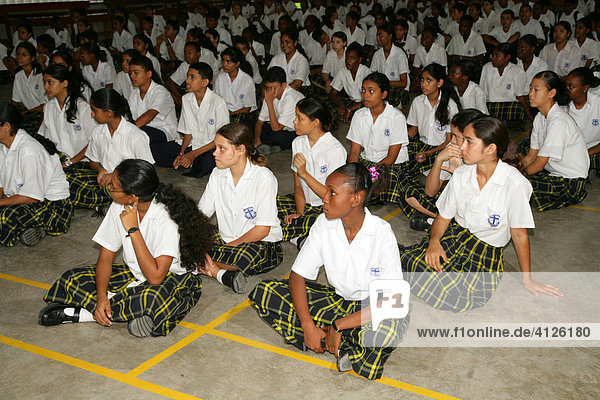 Students assembled in a room at an Ursuline convent and orphanage in Georgetown  Guyana  South America