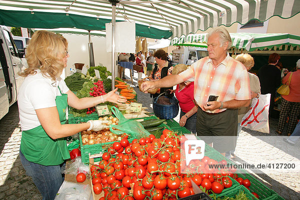 Gemüsestand am Wochen- und Bauernmarkt  Mühldorf am Inn  Oberbayern  Bayern  Deutschland  Europa