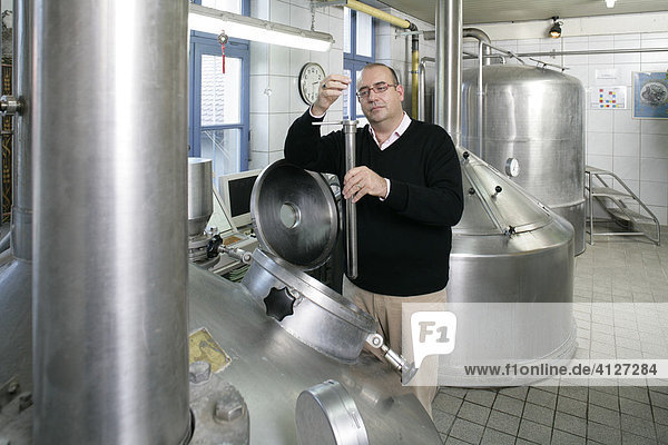 Master Brewer Unertl in the organic beer brewery  Muehldorf am Inn  Bavaria  Germany  Europe