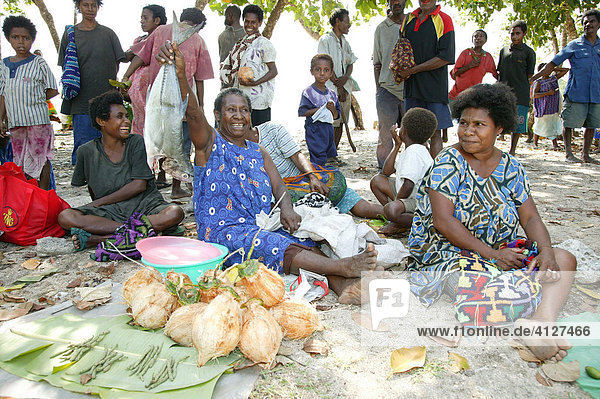 Frauen bieten Gemüse und Fisch an  Markt  Heldsbach  Papua Neuguinea  Melanesien  Kontinent Australien