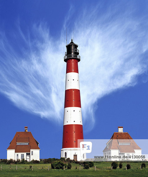 Westerheversand Lighthouse with interesting cloud formation  Westerhever  Eiderstedt Peninsula  Schleswig-Holstein  Germany  Europe