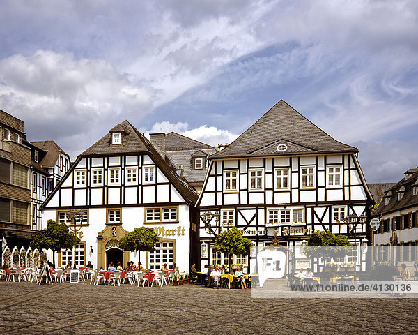 Fachwerk-style houses in the market square at Warstein  North Rhine-Westphalia  Germany  Europe
