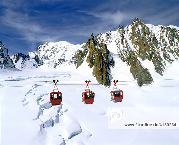 Seilbahn von der Aiguille du Midi zum Pointe Helbronner  Turiner Hütte  Gondeln  Blick auf den Mont Blanc und Vallee Blanche  Gletscherspalten  Savoyer Alpen  Frankreich