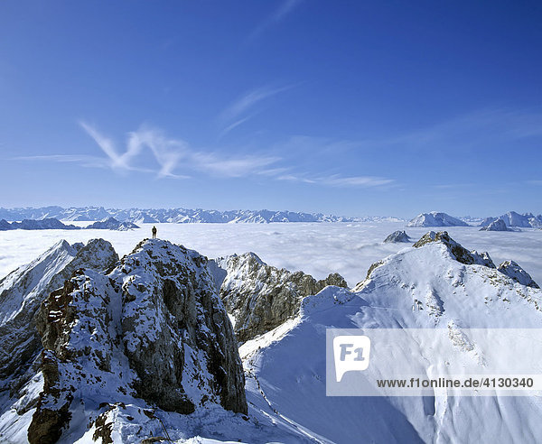 Panoramablick von der Westlichen Karwendelspitze  Nebelmeer  Mittenwald  Oberbayern  Bayern  Deutschland
