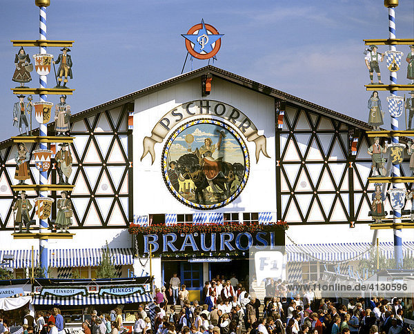 Oktoberfest  Octoberfest Munich beer festival  Braeurosl pavilion tent  Theresienwiese  Munich  Bavaria  Germany