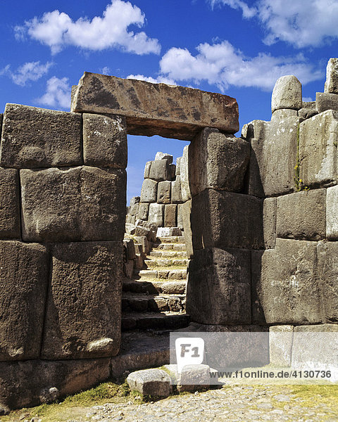 Entrance to Sacsayhuamán or Saksaq Waman Inca or Incan mountain fortress near Cusco  Peru  South America