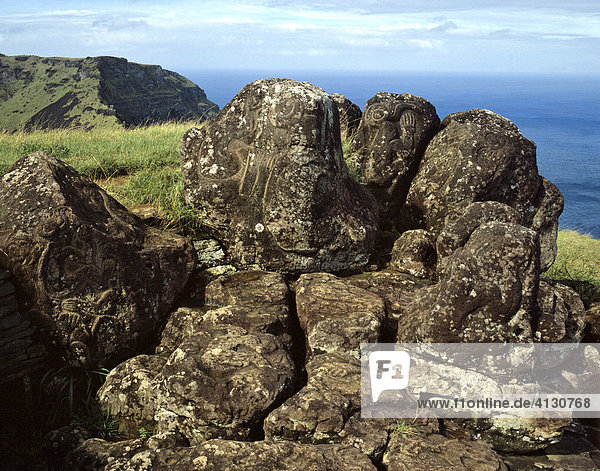Birdman or birdmen petroglyphs  birdpeople rock carvings  Easter Island  Chile  Oceania